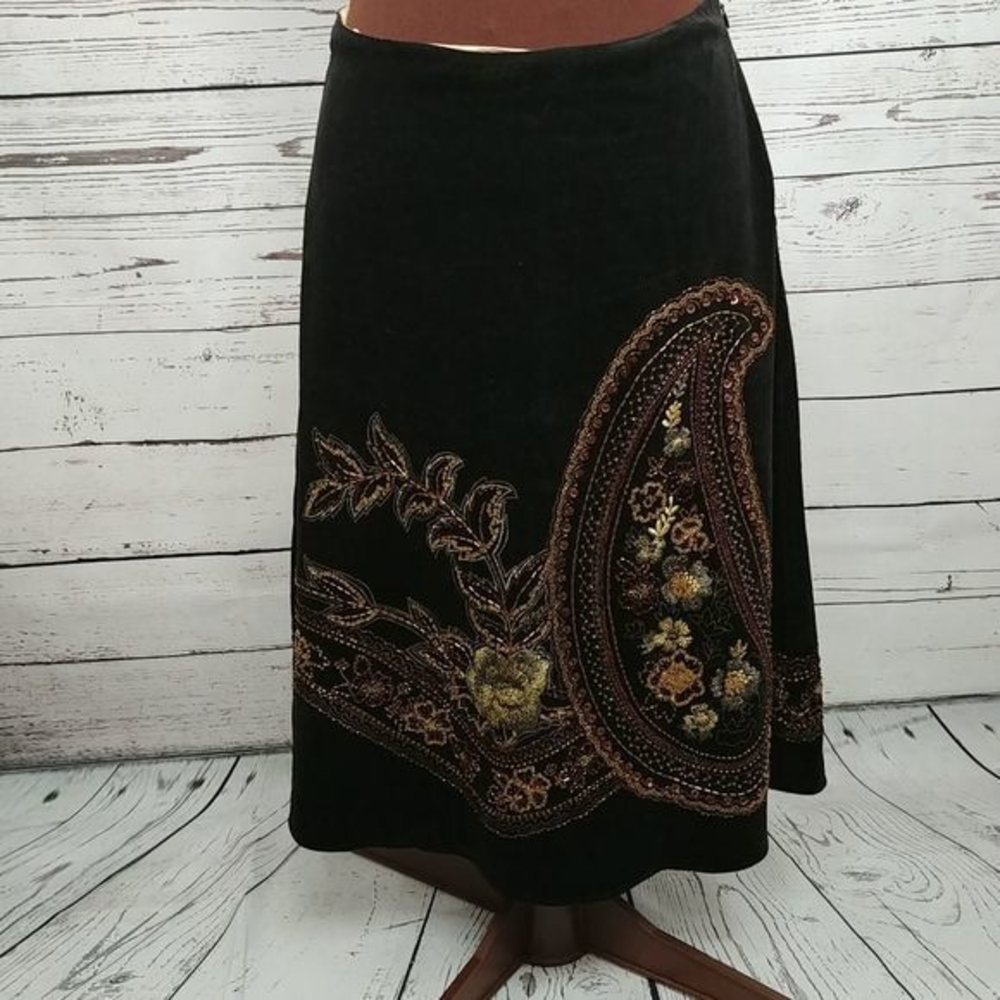 Basil & Maude Anthro Black Corduroy Beaded Skirt